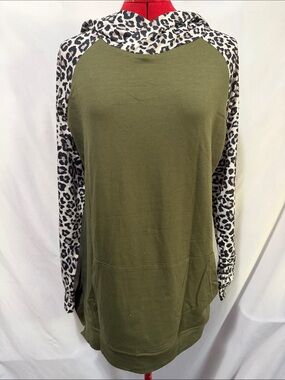 Women's Olive Green Hooded Top with Leopard-Print Sleeves